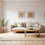 **

A cozy, Scandinavian-style living room bathed in natural light. Minimalist furniture with clean lines, light wood tones, and soft textures. White walls with beige accents. A sense of calm and functionality. Focus on natural materials like wood and linen. Consider adding a green plant for a touch of nature.

**
