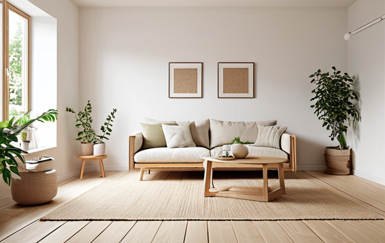 **
A cozy, Scandinavian-style living room bathed in natural light. Minimalist furniture with clean lines, light wood tones, and soft textures. White walls with beige accents. A sense of calm and functionality. Focus on natural materials like wood and linen. Consider adding a green plant for a touch of nature.
**