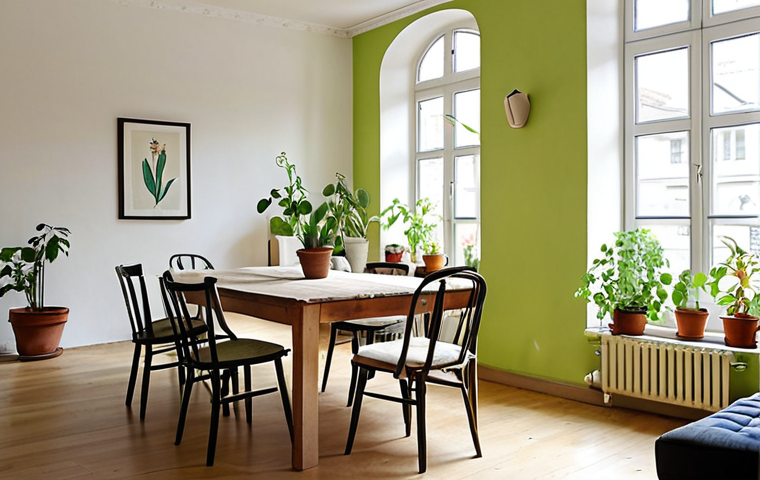 **
>A bright, airy living room in a renovated "Altbau" apartment. Walls are painted in a soft, natural off-white Kalkfarbe (lime paint). Sunlight streams through the windows, illuminating a refinished antique wooden table surrounded by upcycled chairs with colorful cushions. Potted plants (like ivy and snake plants) are placed throughout the room. The overall aesthetic is minimalist and eco-friendly.
**