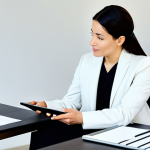 A professional female Living Coordinator, fully clothed in modest business casual attire, engaged in a collaborative discussion with a female client. The Living Coordinator is showing design concepts on a sleek tablet and presenting physical mood boards on a modern table. The client, also fully clothed in appropriate, professional dress, is attentively observing the concepts. They are seated in a bright, minimalist design studio, bathed in natural light, with subtle abstract art in the background. The scene depicts a professional consultation, showcasing perfect anatomy, correct proportions, well-formed hands, proper finger count, and natural body proportions. High quality, realistic professional photography. Safe for work, appropriate content, family-friendly.