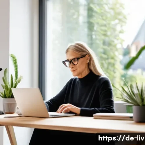 Home 32 리빙코디네이터 자기계발 전략 - A modern home office scene in Germany showcasing a middle-aged Living Coordinator woman attending an...