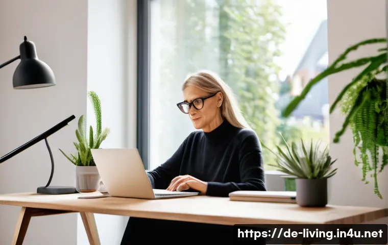 리빙코디네이터 자기계발 전략 - A modern home office scene in Germany showcasing a middle-aged Living Coordinator woman attending an...
